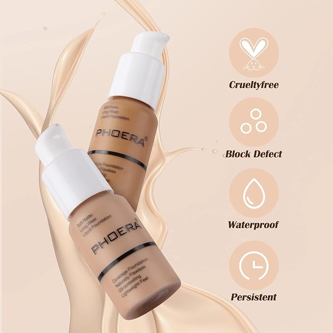 PHOERA Foundation Makeup Naturally Liquid Foundation Full Coverage Mattle Oil-Control Concealer 8 Colors Optional,Great Choice For Gift (#102 Nude,30ml)