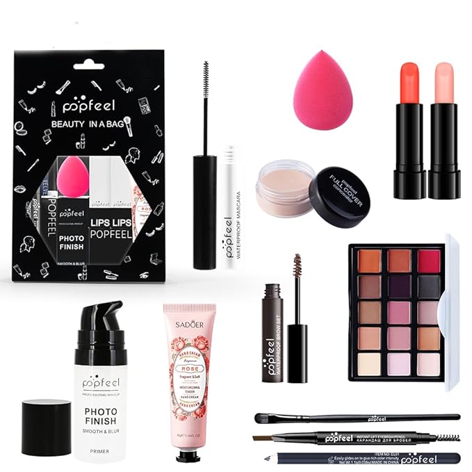 All in One Eyeshadow Palette Makeup Set, Makeup Kit with Primer, Mascara, Concealer Palette, Lip Stick, Brow Pen, Travel Makeup Bundle Holiday Surprising Makeup Gift Box for Women Girl