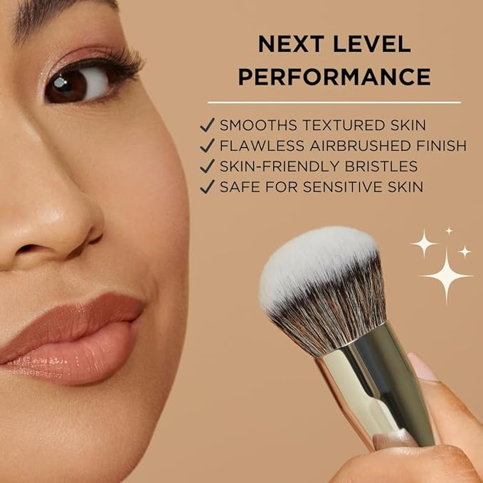 HALEYS Kabuki Makeup Brush VEGAN+CRUELTY-FREE, Sustainable Wood, Vegan Bristles for Airbrushed Finish, For Creams, Liquids, Powder, Streak-free, Perfect Blending, Buffs, Blurs, Smooths with Control