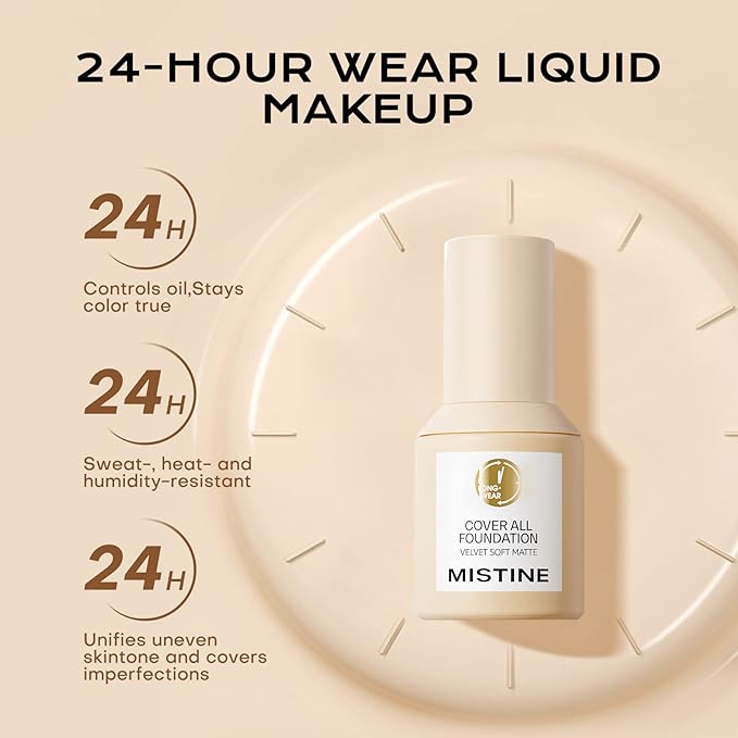 MISTINE Full Coverage Foundation Makeup for Oily Skin,24 Hour Oil Control Liquid Foundation,Skin-Caring,Moisturizing Formula,Cream Foundation,Matte Finish,Creamy Beige,1 Fl Oz