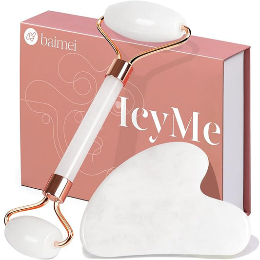BAIMEI Jade Roller & Gua Sha Set Face Roller and Gua Sha Facial Tools for Skin Care Routine and Puffiness, Self Care Gift for Men Women - White