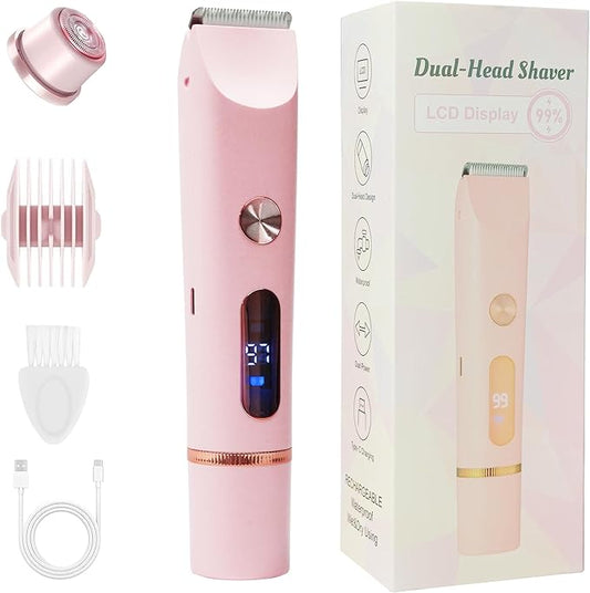 2025 Upgraded Bikini Trimmer for Women & 2 in 1 Dermave Bikini Shaver with LCD Display, Dual Head Cordless Electric Shaver, IPX7 Waterproof Wet/Dry Body Hair Trimmer for Face Body Intimate Areas,Pink