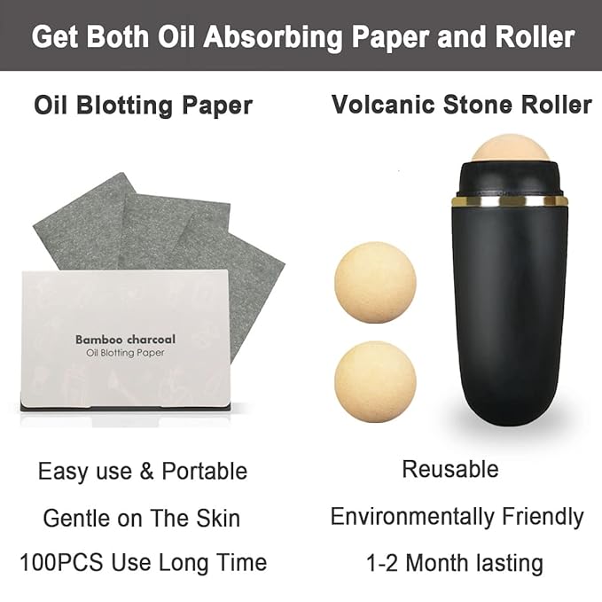103 PCS Volcanic Roller Oily Skin Oil Control On The Go Volcanic Face Roller Oil Absorbing Volcanic Roller with Oil Blotting Sheet Paper for Oily Skin Care Oil Control Film Tissues (Type2)