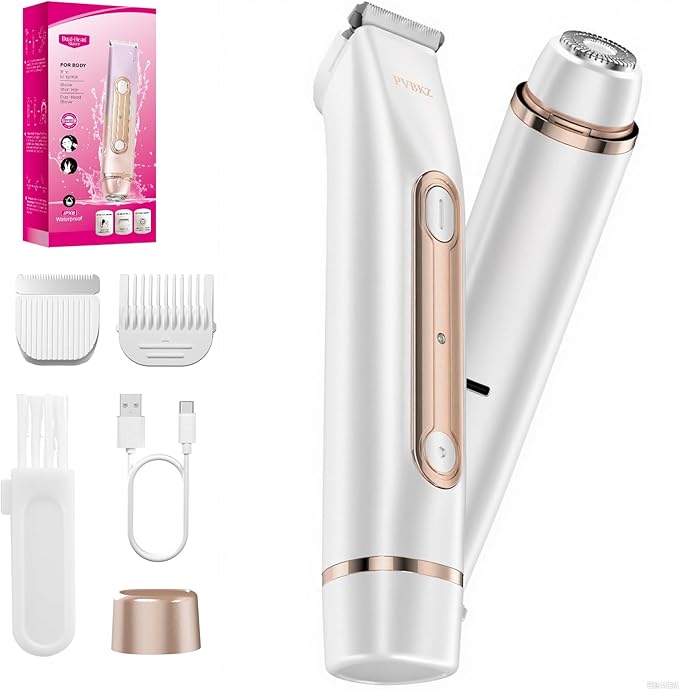 2 in 1 Bikini Trimmer for Women, Dual Head Electric Razor, IPX7 Waterproof Wet/Dry Use Women Electric Shaver, Painless Body Facial Hair Remover for Bikini Legs Arm Underarm, (White)