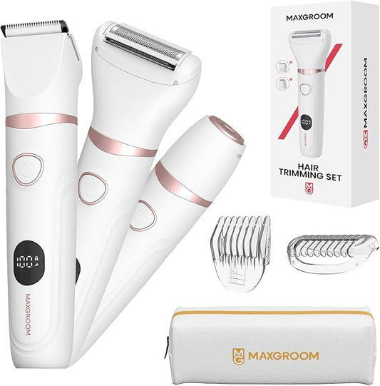 Bikini Trimmer for Women, 3-in-1 Waterproof Electric Shaver, Cordless Pubic & Body Hair Trimmer, Facial Shaver, Easy-Clean Razors with Ceramic Blade, Type-C Rechargeable, Led Display