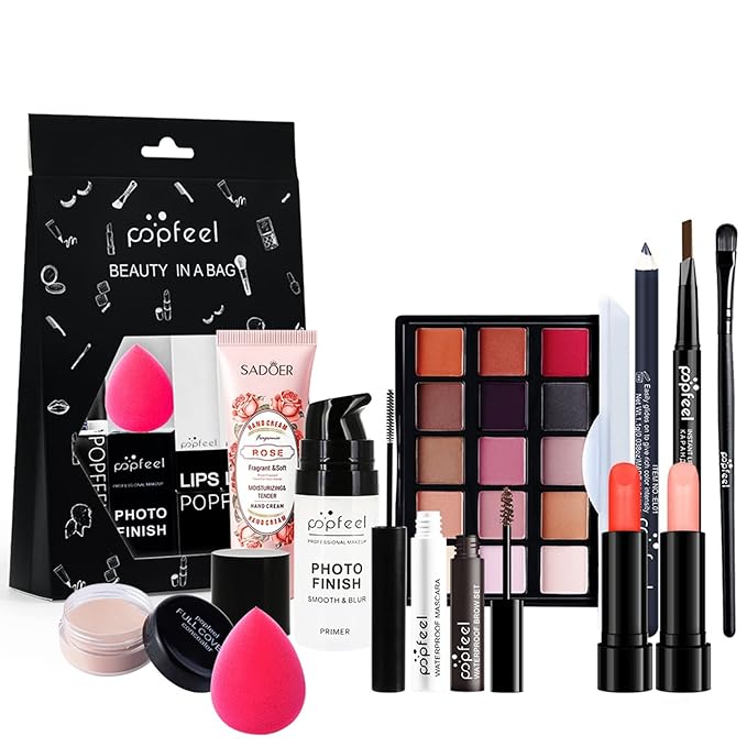 All-in-one Holiday Makeup Gift Set | Full Makeup Kit for Women Multipurpose Essential Bundle Include Eyeshadow Palette Lipstick Blush Concealer Face Powder Eyeliner Mascara Lipgloss Brush
