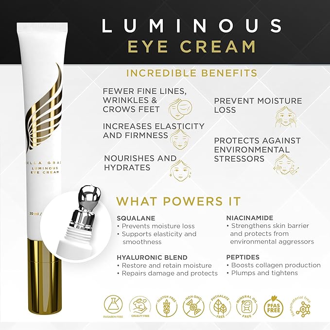 Bella Grace Eye Cream with Hyaluronic Acid & Squalane for Under Eye Bags, Dark Circles & Puffiness, Nourishing & Hydrating, Supports Anti Aging, Fine Lines & Wrinkles, Elasticity & Firmness, 0.5 fl oz