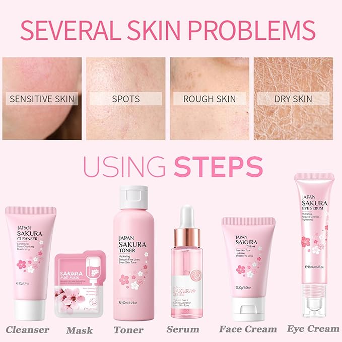 Skin Care Set Sakura Women Beauty Gift Sets Korean Skin Care Kit with Cleanser, Face Serum, Face Cream,Toner,Eye Cream,2Pcs Mud Mask - Skin Care Routine Kit for Women (SetC)