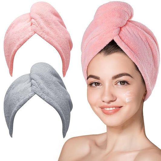 Hicober Microfiber Hair Towel, 2Packs Hair Turbans for Wet Hair, Drying Hair Wrap Towels for Curly Hair Women Anti Frizz(Pink,Grey)