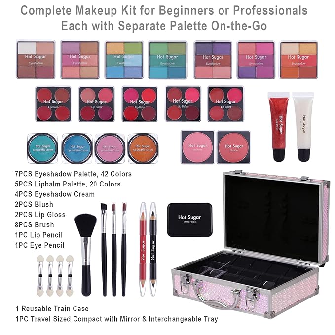 Hot Sugar Makeup Kit for Girls and Women - Full Starter Cosmetics Set with Eye Shadow Palette Lip Balm Blush Lip Gloss Brush Lip & Eye Pencil and Mirror