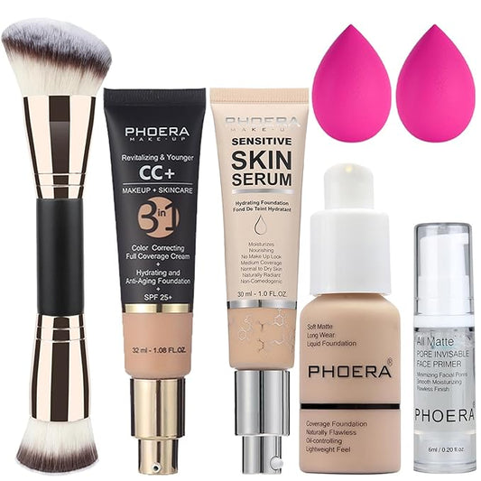 PHOERA Foundation, PHOERA Contour Palette,Shades with Highlighter & Bronzer & Blush,PHOERA Makeup Lightweight Long Lasting Wrinkles Matte Natural Finish (102+120CC+N02/ Nude+Nude +Nude)