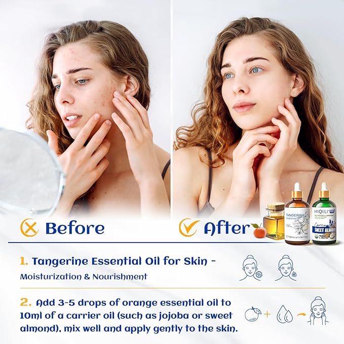 HIQILI 100ML Tangerine Essential Oil, Skin Care, Hair Care, Air Purification, Can be Added to Body Lotion, Shampoos, Diffusers Use - 3.38 Fl Oz