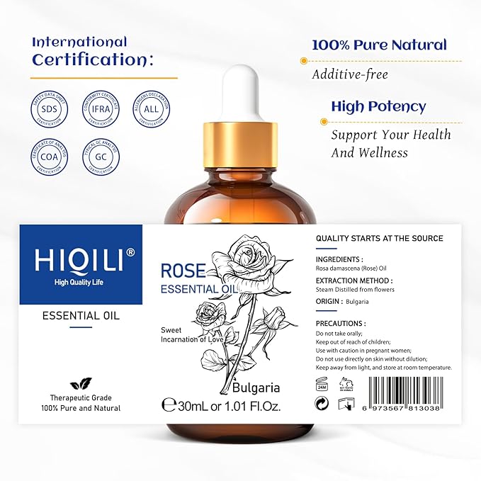 HIQILI Rose Essential Oil 1 Fl Oz, 100% Natural Therapeutic Grade for Aromatherapy, Diffuser, Skin Care, Massage, Includes Premium Quality Glass Dropper