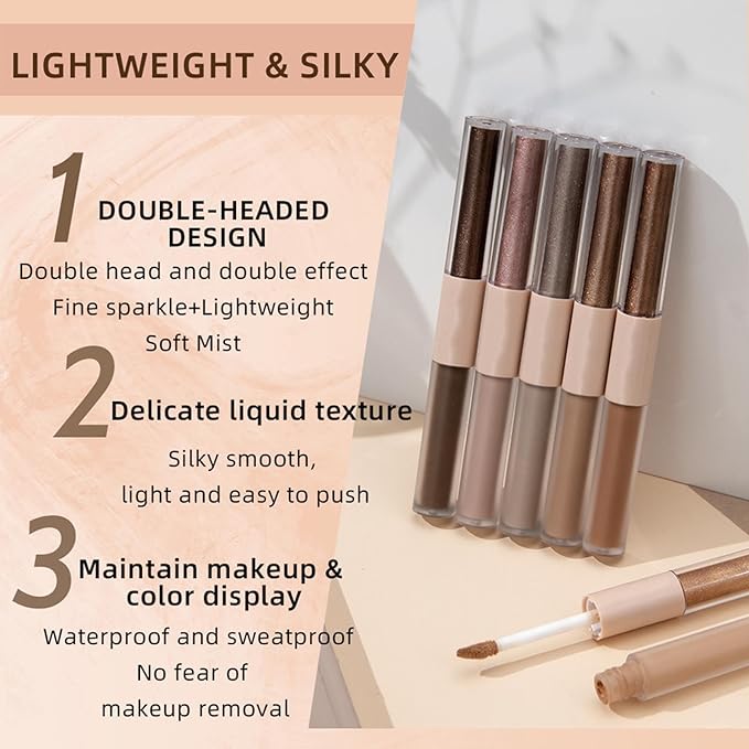 Dark Brown Liquid Eyeshadow Bronze Matte Metallic Double Ended Glitter Eyeshadow Sticks For Eyes Pencil Primer Base Quick Drying Waterproof Long Lasting Highlight Stick Shadow Pen Eye Makeup(#5)