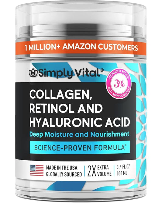 SimplyVital Collagen, Retinol & Hyaluronic Acid Cream - Anti-Aging Retinol Cream for Face, Neck & Décolleté - Made in USA - Daily Moisturizer Face Cream - 3.38 fl oz