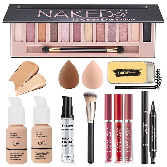 All in One Makeup Kit,Includes 12 Colors Eyeshadow Palette,Foundation,Face Primer, Lipstick Set,Eyebrow Soap Kit,Winged Eyeliner Stamp,Waterproof Mascara,Makeup Brush,Makeup Sponge,Gift Set for Women