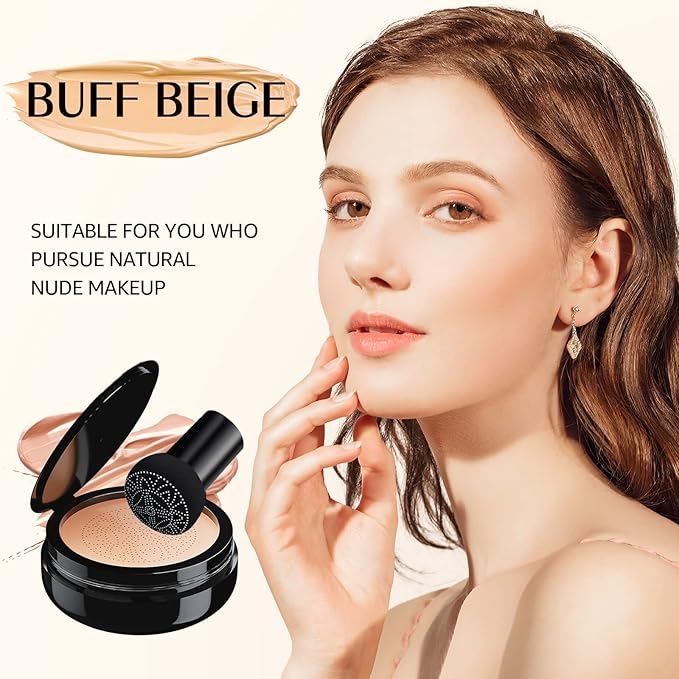 Mushroom Head Air Cushion CC Cream - Oil Control & Moisturizing Concealer Makeup Base, Brighten Long - Lasting Even Color Correcting Concealer Full Coverage for All Skin Types (Buff Beige)