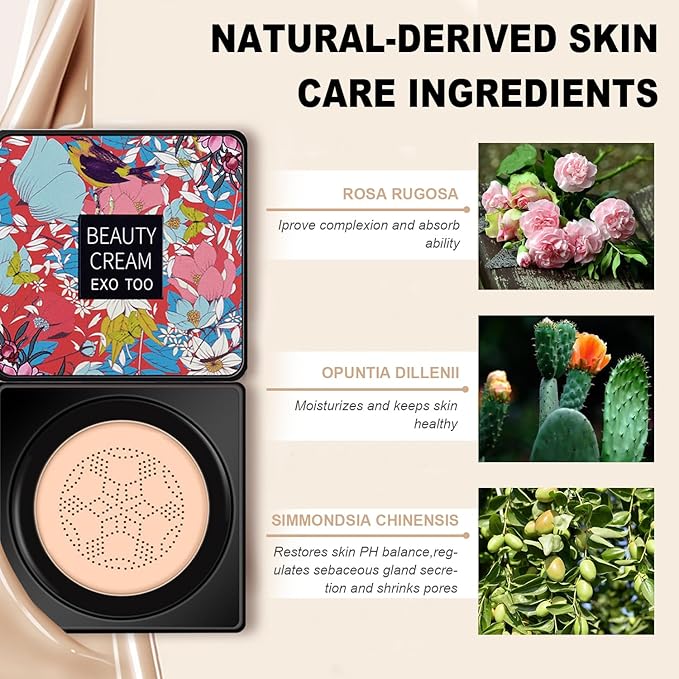 2 Pack Beauty Cream EXO TOO Foundation, Beauty Cream Makeup Base, Moisturizing, Long Lasting Matte Air Cushion CC Cream Concealer with Two Mushroom Head Sponges