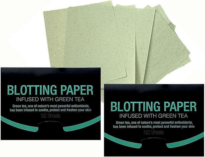 2 Pks GREEN TEA INFUSED Soothing Natural Abaca Blotting Paper - 100 Oil Blotting Sheets - Makeup Friendly UNISEX Oily Skin Shine Blotter Photography Zoom Meetings Travel Gym School - MADE IN TAIWAN