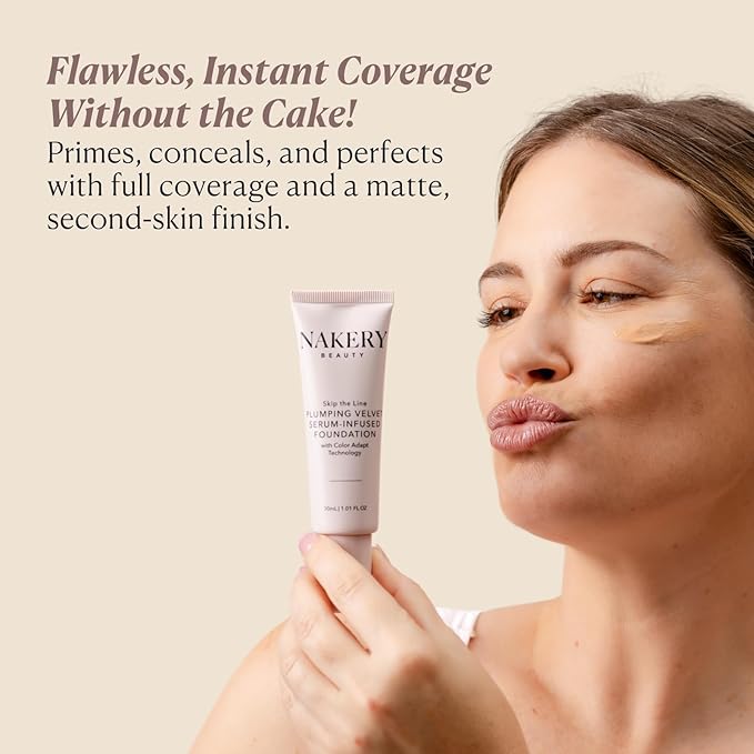 Nakery Full Coverage Foundation for Women - 5 in 1 Plumping Liquid Foundation Makeup - Serum Infused Makeup Foundation Smart Color Adapt with Niacinamide & Hyaluronic Acid for All Skin Types - Light