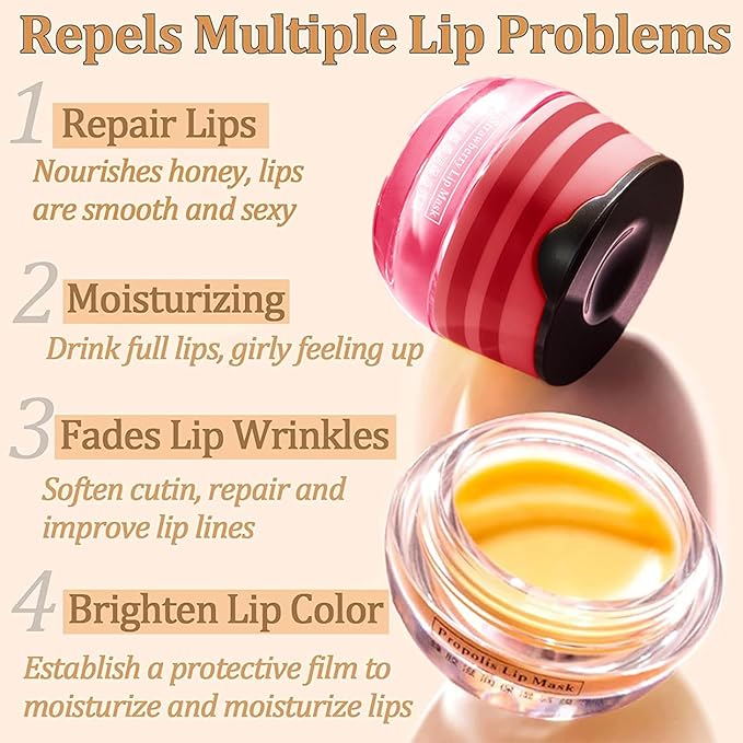 2 PCS Lip Balm Honey Pot, Honey & Strawberry Lip Sleeping Mask Vitamin E & Moisturizing Propolis Lip Balm with Stick, Prevention Dry and Cracked Lip Scrubs Exfoliator Lip Wrinkle