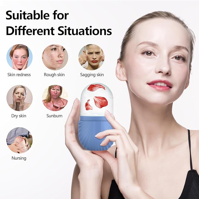 Ice Roller for Face and Eye, Silicone Ice Facial Roller Ice Holder, Face Ice Mold Skin Care, Face Icers Reusable Ice Cube Roller for Shrink Pores Anti Wrinkle Reduce Puffiness, Blue