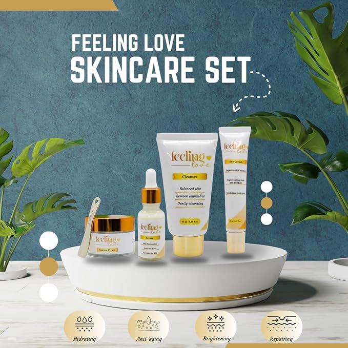 Introducing our exclusive Skincare Set: Cleanser, Serum, Essence Cream, and Eye Cream - Experience the Ultimate 4-Step Natural Beauty Routine for Achieving Radiant, Glowing Skin.