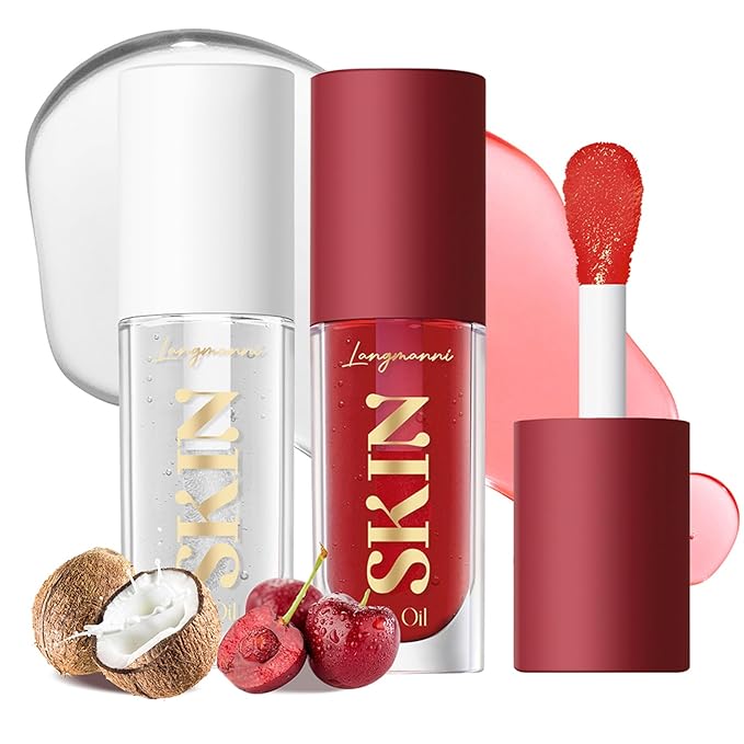 2Pack Big Brush Head Hydrating Lip Glow Oil Plumping Lip Tint, Hydrating Lip Gloss Tinted Lip Balm Transparent Lip Care, Long Lasting Nourishing Non-sticky Fresh Texture (Cherry+Coco)