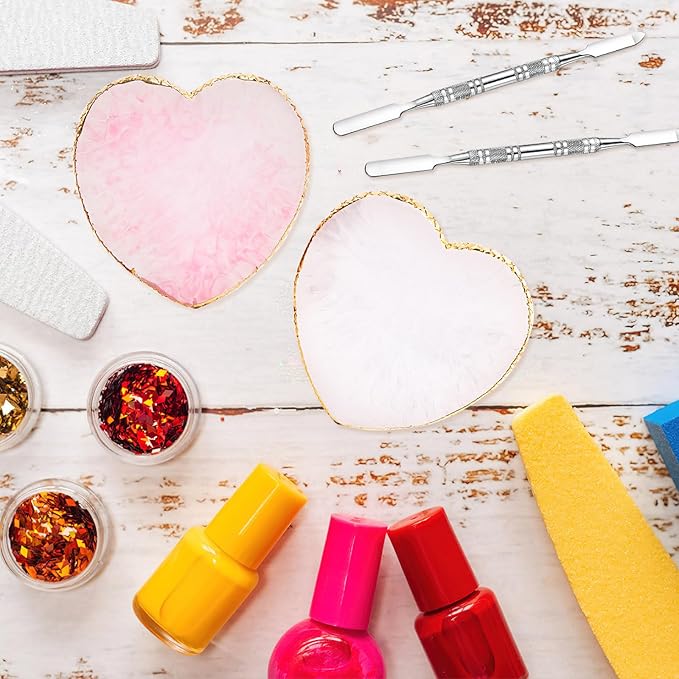 2 Pcs Resin Nail Art Palette and 2 Pcs Nail Brush, Color Palettes Cosmetic Mixing Tools, Nail Polish Palette with Stainless Stirring Rod for Nail Salons and Beginners (White, Pink)