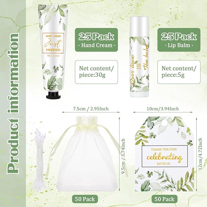 25 Set Wedding Lip Balms and Hand Cream Gift Set Include 25 Moisturizing Hand Care Cream 25 Lip Balms with Thank You Cards and Bags Bridesmaid Gift Set for Bridal Shower Wedding(Greenery)