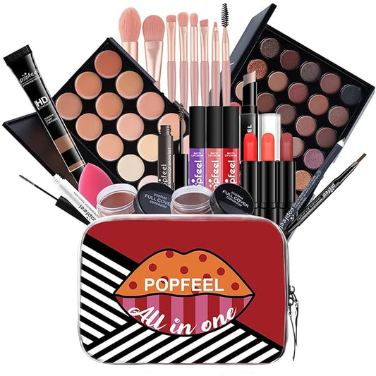 Makeup Kit For Women Full Kit, Naked Shimmer Eyeshadow Palette, Waterproof Black Eyeliner & Mascara, Makeup Tools Set, Lipstick, Premium Synthetic Foundation Powder for Medium to Dark Skin