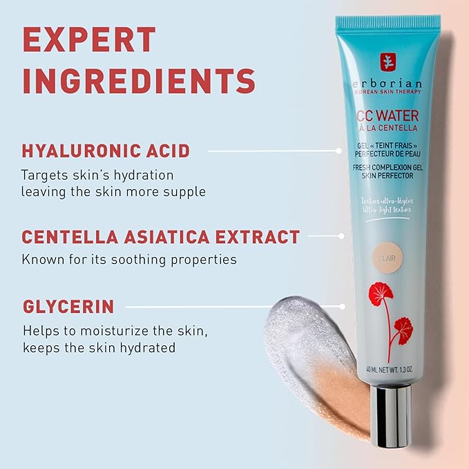Erborian CC Water with Hyaluronic Acid, Clair - Ultra-Light Aqua Gel Color Corrector with Centella Asiatica & Hyaluronic Acid - Plump, Softer & Hydrated Skin - Korean Skincare Skin Perfector - 1.3 Oz