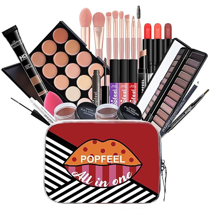 All-in-one Makeup Set Holiday Gift | Full Makeup Kit for Women Essential Starter Bundle Include Eyeshadow Palette Lipstick Blush Cream Concealer Face Powder Eyeliner Mascara Lipgloss Brush
