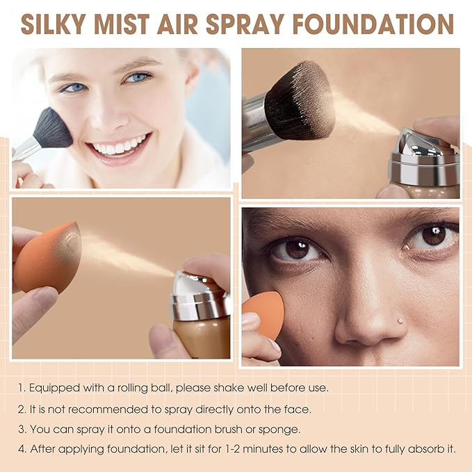 AirBrush Foundation Spray, Silky Mist Foundation Spray Makeup Set with Brush, Full Coverage Foundation for Smooth Radiant Finish, Formula Breathable Lightweight Hydrating | #01 Porcelain