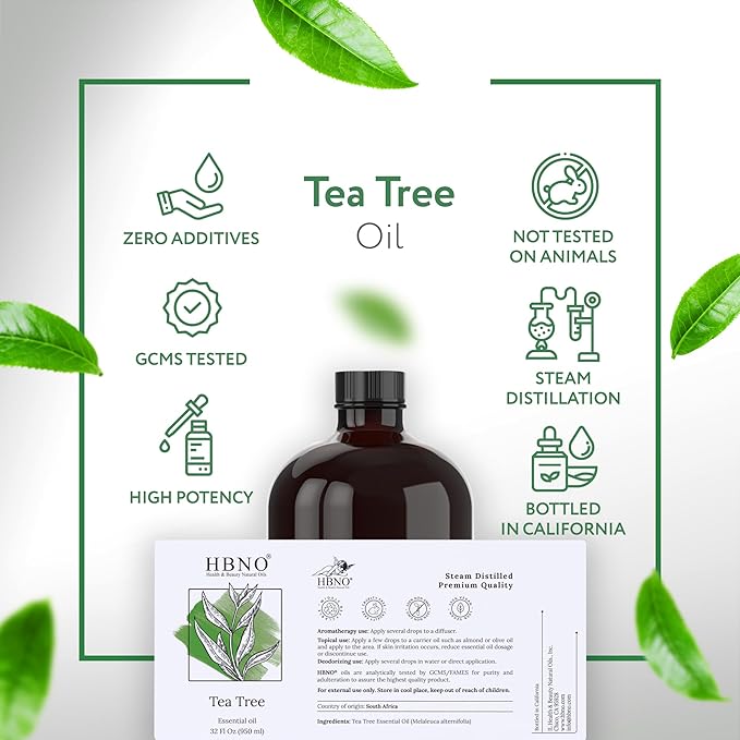 HBNO Tea Tree Oil - Huge 32 oz (950ml) Large Size - Ideal for Diffusers, Cleaning Agents, Deodorizers, and Flavoring Agents.