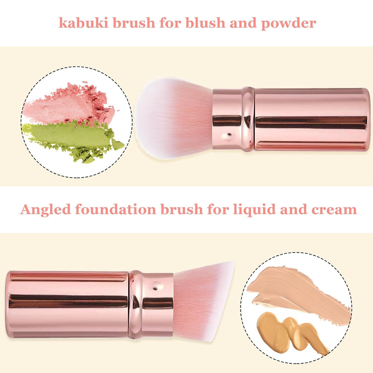 Retractable Makeup Brush 2 Pack, Travel Kabuki Powder Makeup Brush, Foundation Face Blush Brushes for Blending Liquid, Blush, Bronzer, Buffing, Sunscreen,Flawless Cosmetics