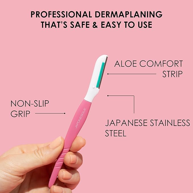 JAPONESQUE Dermaplaner with Soothing Aloe Comfort Strip - Skin Tool with Ultra Precision Blade for Facial Hair Removal and Exfoliation, 3pk.