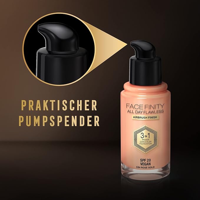 Max Factor Facefinity 3-in-1 All Day Flawless Liquid Foundation, SPF 20-64 Rose Gold, 30 ml