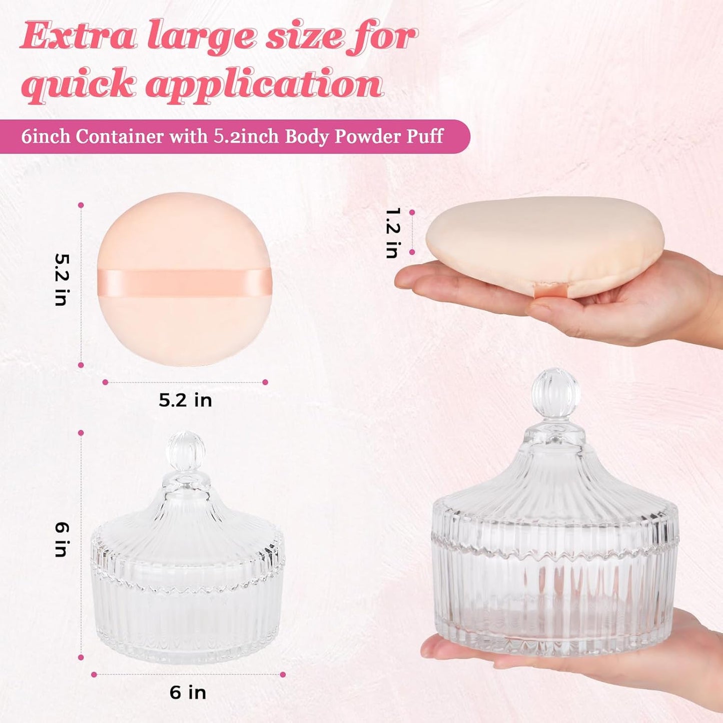2Pcs Extra Large Body Powder Puff & Luxury 6" Glass Jar Dusting Powder Container with Puff for Women Bath Powder Puffs Perfect for Talcum or Loose Powder (Beige)