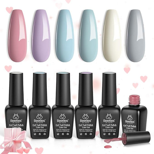 beetles Gel Polish Nail Set 6 Colors Ultimate Morandi Nude Pink White Blue Pastel Gel Nail Polish 6 Colors Daydream Verses Collection Soak Off Uv Diy Manicure Kit New Nail Trend for Women Girls