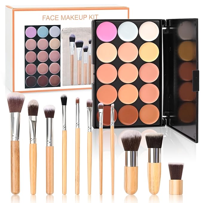 15 Colour Makeup Contour Palette Cream Kit, with 11 Pcs Complete Function Makeup Brushes Set and Storage Bag, Highlighting Light, Medium to Dark, Vegan & Cruelty Free