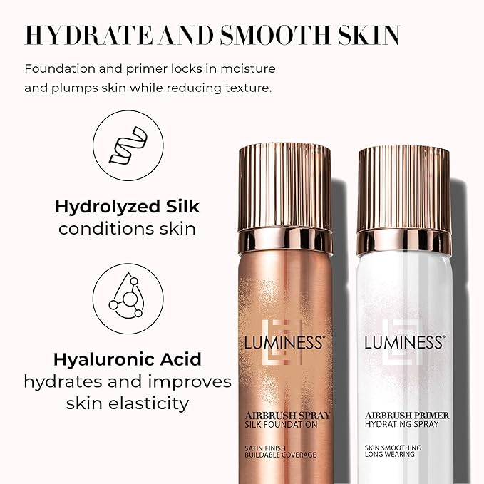 LUMINESS Airbrush Spray Silk Foundation Starter Kit - Tan - Foundation, Primer & Dual-Sided Angled Buffing Brush - Medium, Buildable Coverage, Anti-Aging Formula Hydrates & Moisturizes