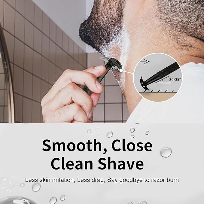 Double Edge Safety Razor with Stand, Single Blade Razors for Men and Women, Reusable Metal Razor, with 10 Stainless Steel Double Edge Blades, Smooth and Close Shave, Plastic Free, Matte Black