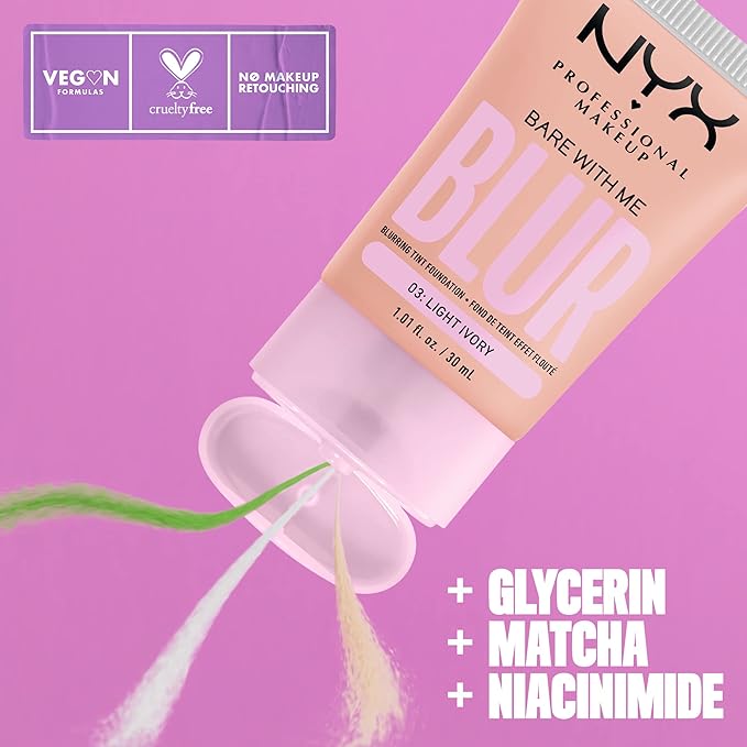NYX PROFESSIONAL MAKEUP Bare With Me Blur Skin Tint Foundation Make Up with Matcha, Glycerin & Niacinamide - Light Ivory