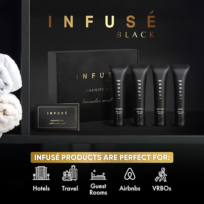 Infuse Black Amenity Kit | Boxed Hotel Toiletries | Bulk Set 1 oz Travel Size Shampoo, Conditioner, Lotion, Body Wash & Cleansing Bar for Guest Hospitality AirBnB/Vacation Rentals | 300 Pieces
