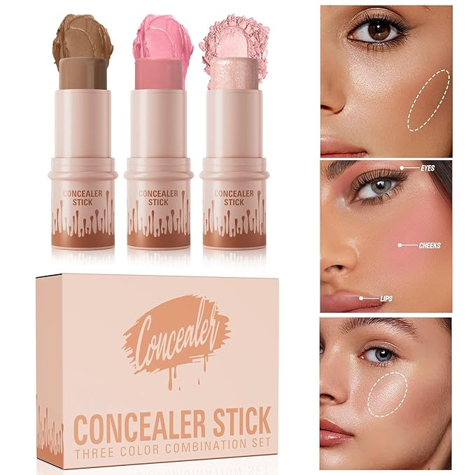 3Pcs Contour Stick Set，3 Colors Contour Stick Makeup Set， Long-Lasting Waterproof Concealer Stick Kit，Cream Blush & Highlighter Bronzer Pen (SET-B)