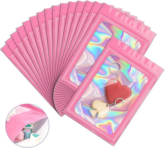 ANZNKU 100 Pcs Smell Proof Mylar Resealable Bags, Holographic Packaging Bags, Resealable Odor Foil Pouch Zip Bag with Clear Window for Food Storage and Lipgloss, Jewelry Lash(Pink, 4.7 x 7.9 Inch)