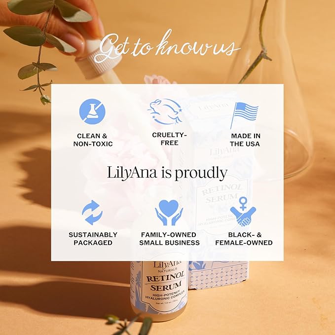 LilyAna Naturals Retinol Serum - Made in USA, Anti Aging Face Serum with Hyaluronic Acid and Vitamin E, Reduces Age Spots and Sun Damage, Promotes Collagen and Elastin (Retinol, 1oz)