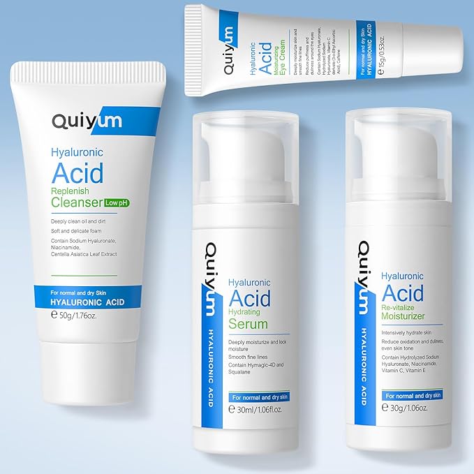 Hyaluronic Acid Skin Care Set, Hydration Kit for Women Teen Girls, Low pH Cleanser, Moisturizer, Serum, Eye Cream, Anti Aging, Firming, Travel Size Facial Care Gift Set for Dry Sensitive Skin