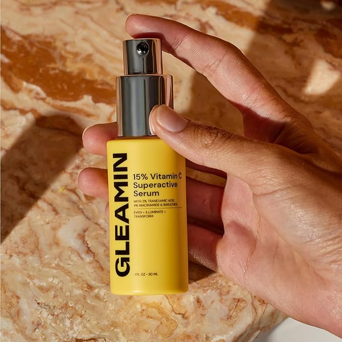 Gleamin Superactive Vitamin C Serum for Face with 15% Vitamin C, Niacinamide, Bakuchiol & Hyaluronic Acid – Skin Brightening Facial Serum for Women & Men – Dark Spot Remover & Radiant Glow – 1 fl oz